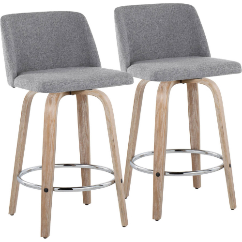 Toriano 26" Swivel Counter Stool in White Washed Wood & Grey Fabric with Chrome Footrest (Set of 2)